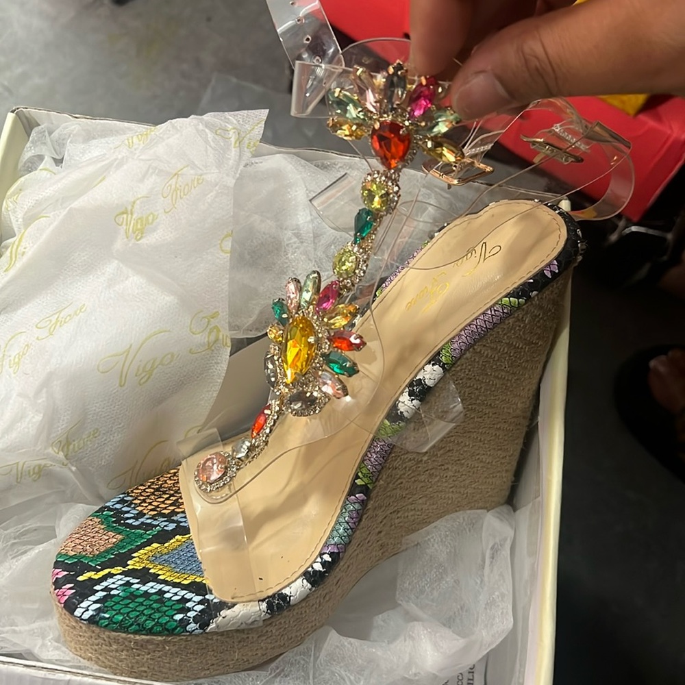 Rhinestone espadrille wedge heels